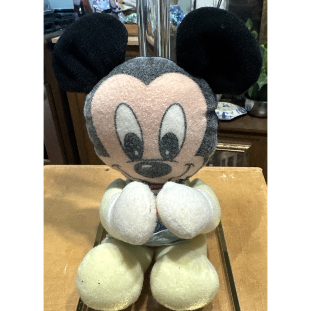 Vtg Mickey Mouse Baby Squeak Toy Plush Yellow Bib Sticky Hands Soft 11" Mattel